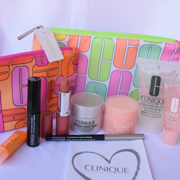 Clinique Beauty Set-2 Pink Green PouchesEyeConcentrateHydrator&Lips-10pc-NEW